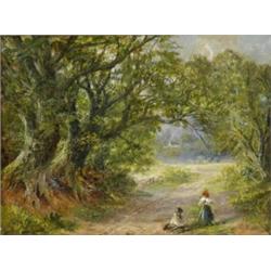 George Turner (1843 - 1910), - George Turner (1843 - 1910), A Derbyshire Lane, a sunlit summer s...