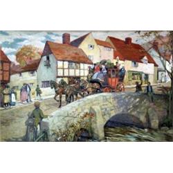 English School (c.1920), - English School (c.1920), Dickensian Coaching Scene, artists board, 12...