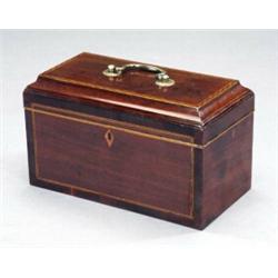 A George III mahogany tea caddy, - A George III mahogany tea caddy, with hinged cavetto lid, out...