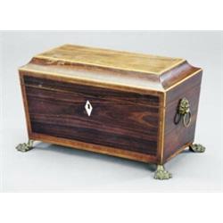 A Regency rosewood sarcophagus tea caddy, - A Regency rosewood sarcophagus tea caddy, of taperin...