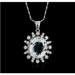 14KT White Gold 6.73ct Aquamarine and Diamond Pendant With Chain