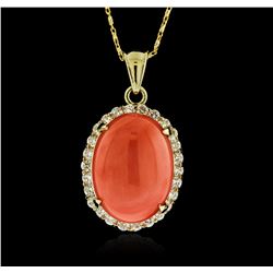 14KT Yellow Gold 12.67ct Coral and Diamond Pendant With Chain