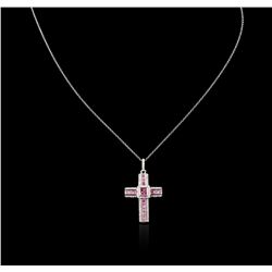 18KT White Gold 1.30ctw Pink Sapphire and Diamond Cross Pendant With Chain