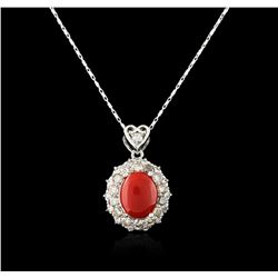 14KT White Gold 4.14ct Coral and Diamond Pendant With Chain
