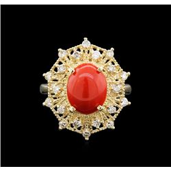 2.70ct Coral and Diamond Ring - 14KT Yellow Gold