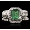 Image 1 : 14KT White Gold 1.20ct Emerald and Diamond Wedding Set