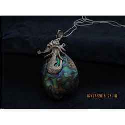 ABALONE SHELL DRAGON PENDANT ON SILVERTONE SNAKE CHAIN (L134-13)