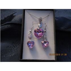 18K WHITE GOLD PLATED AMETHYST AUSTRIAN CRYSTAL HEART SHAPED PENDANT AND EARRINGS (L134-20)