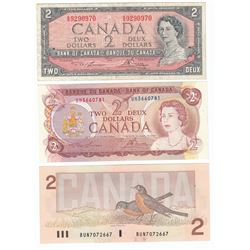 Set of three 1954, 1974 & 1986 $2 notes from the Bank of Canada; one from each of the last 3 series.