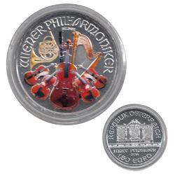 2014 Austria 1oz Pure Silver Philharmonic with selective colour on the instruments. Coin comes encap