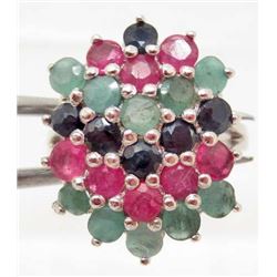 STERLING SILVER EMERALD & RUBY RING - SIZE 6.5