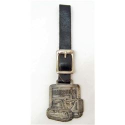 VINTAGE CATERPILLAR TRACTOR WATCH FOB W/ LEATHER STRAP