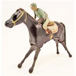 VINTAGE TIN LITHO WIND-UP TOY HORSE W/ JOCKEY - WORKS