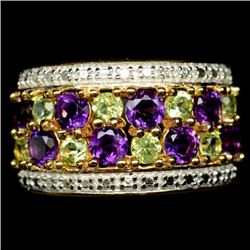 PURPLE AMETHYST & PERIDOT SILVER RING - SIZE 7