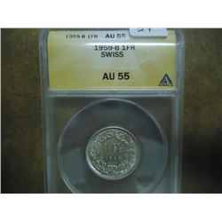 1959-B SWISS SILVER FRANC ANACS AU55