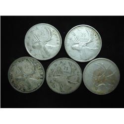 5 ASSORTED CANADA SILVER 25 CENTS