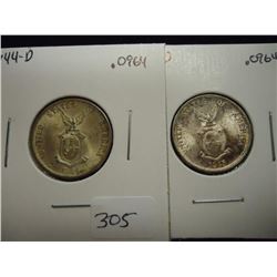 1944-D & 1945-D US/PHILIPINNES SILVER 20 CENTAVOS