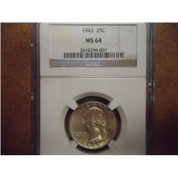1943 WASHINGTON SILVER QUARTER NGC MS64