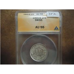 1955-B SWISS SILVER FRANC ANACS AU55