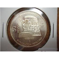 1938-1988 MEXICO SILVER 50 PESOS UNC 50TH ANNIVERSARY- NATIONALIZATION OF OIL INDUSTRIE