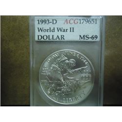 1993-D WWII SILVER DOLLAR ACG MS69