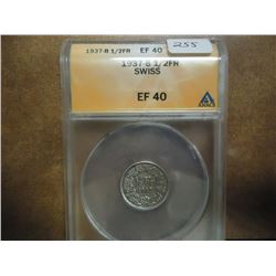 1937-B SWISS SILVER 1/2 FRANC ANACS EXTRA FINE 40