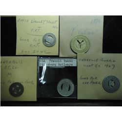 5 ASSORTED TRANSPORTATION TOKENS SEE DESCRIPTION OHIO VALLEY TRANSIT, NEW YORK CITY TRANSIT, MINNEAP