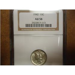 1942 MERCURY DIME NGC AU58