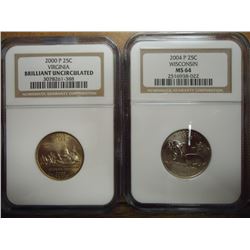 2 NGC SLAB QUARTERS SEE DESCRIPTION 2000-P VIRGINIA BRILLIANT UNC AND 2004-P WISCONSIN MS64