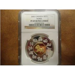 2002 CANADA SILVER $15 HORSE NGC PF69 ULTRA CAMEO INLAYED WITH 24KT GOLD