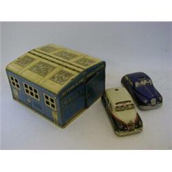 A METTOY TINPLATE JOYTOWN FLYING SQUAD STATION, with friction Ambulance and Police cars (3)  30-4...