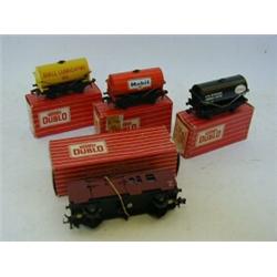 THREE BOXED HORNBY DUBLO TANK WAGONS, 'Mobil', 'Esso' and 'Shell' and a Horse box, (red striped b...
