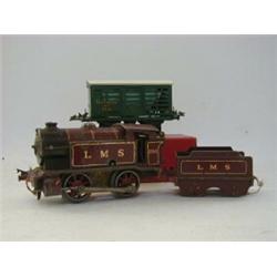 A HORNBY O GAUGE 0-4-0 LOCOMOTIVE AND TENDER, No.2115, LMS clockwork, a boxed No.1 Milk Traffic V...