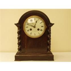 Oak cased chiming mantel clock with fusee movement and barleytwist columns…