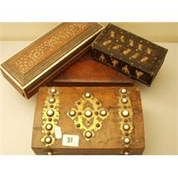 Walnut workbox with brass and ceramic decoration plus three other boxes…