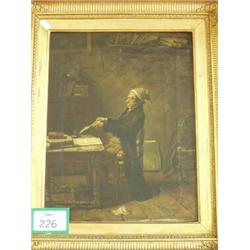 Framed 19c oil of clerk sharpening his quill…