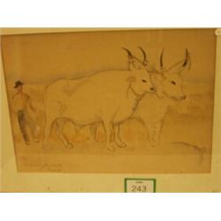 Framed watercolour of farmer with oxen…