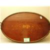 Image 1 : Mahogany oval two handled tray with brass gallery marquetry centre depicting musical instruments…