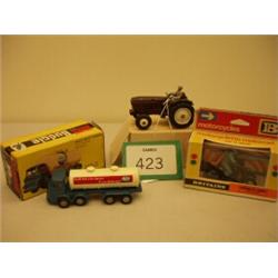 Dinky diecast model tractor in brown No 308, Budgie milktender No 292 plus Britains Motor Bike…
