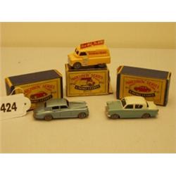 Three early boxed Matchbox diecast models, No 42 Bedford Van, No 43 Hillman Minx and No 44 Rolls …