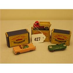 Three boxed Matchbox diecast models, No 39 Zodiac, No 40 Tipper Lorry and No 41 D Type Jag…