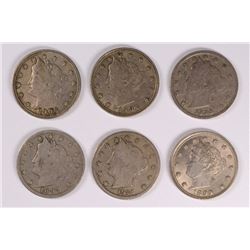 (6) V-NICKELS (1897, 1899, 1904, 1906, 1909, 1912-D)