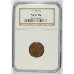 1912-S LINCOLN CENT NGC AU-58 BN