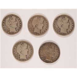 (5) 1915-S BARBER HALF DOLLARS