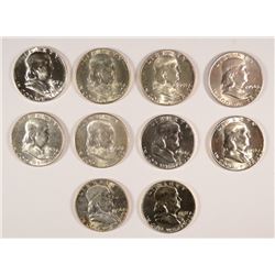 (10) CH BU FRANKLIN HALF DOLLARS (1953, 1953-D, 1953-S, 1954, 1954-D, 1955, 1956