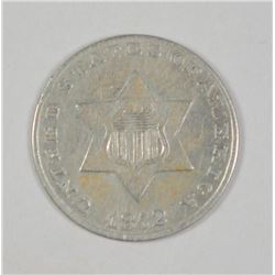 1852 THREE CENT SILVER VG/F