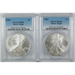 2002 & 2003 AMERICAN SILVER EAGLES, PCGS MS-69