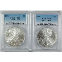 2003 & 2004 AMERICAN SILVER EAGLES, PCGS MS-69