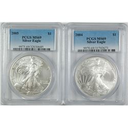2004 & 2005 AMERICAN SILVER EAGLES, PCGS MS-69