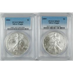 2005 & 2006 AMERICAN SILVER EAGLES, PCGS MS-69